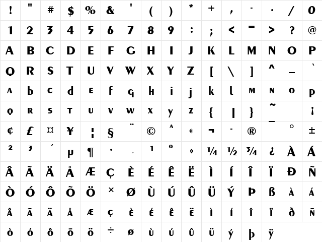 PeignotDBol Regular  glyph index