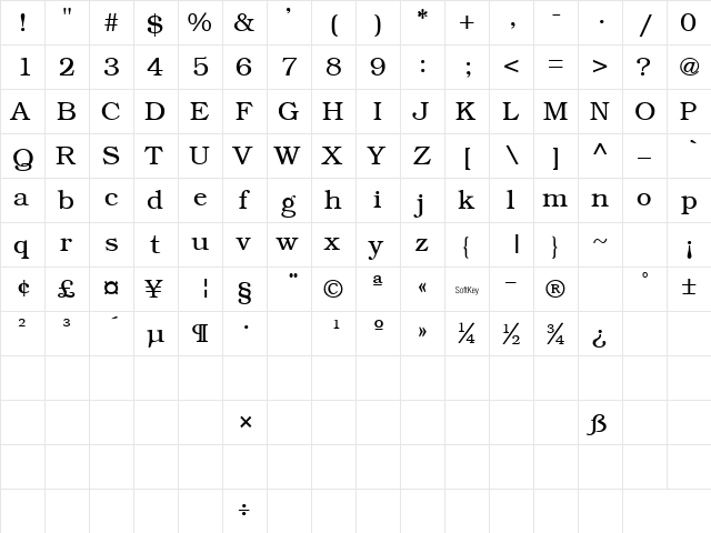 BookFont Regular  glyph index