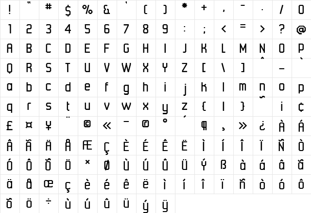 45Degrees Regular  glyph index