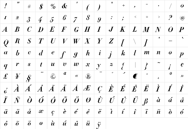 Didot Bold Italic  glyph index