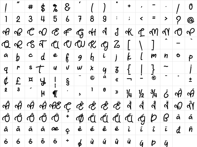 Baby Gumbout Regular  glyph index