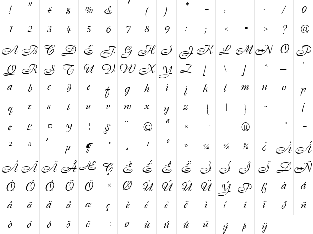 Regency Regular  glyph index