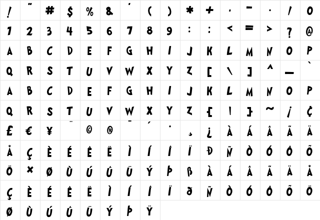 JumpingBean Medium  glyph index