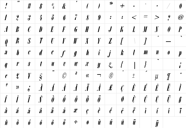 LSC Condensed Italic  glyph index