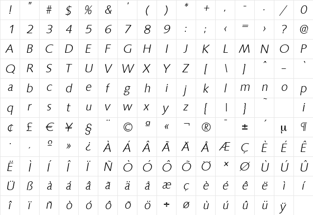 SaxonySerial-Light Italic  glyph index