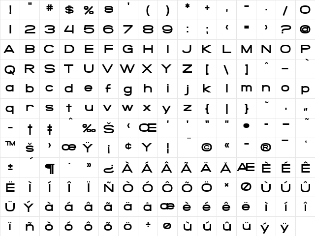 SF Grandezza Heavy  glyph index