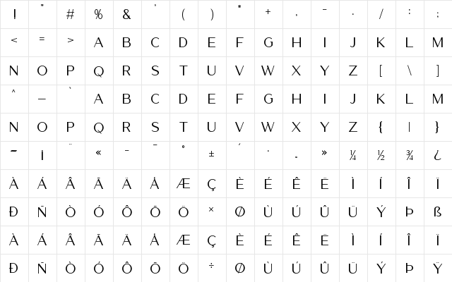 Luxerie Regular  glyph index