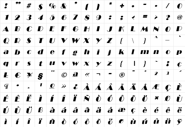 AnnaBecker Italic  glyph index