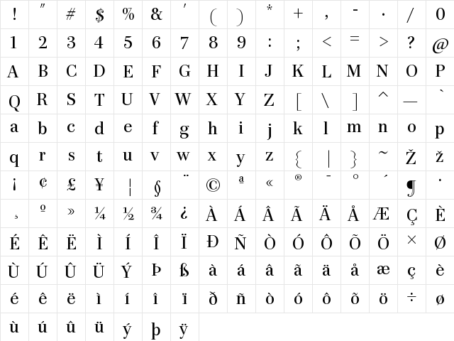 PB96TTP-Roman Regular  glyph index