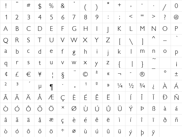 Chantilly-Light Regular  glyph index