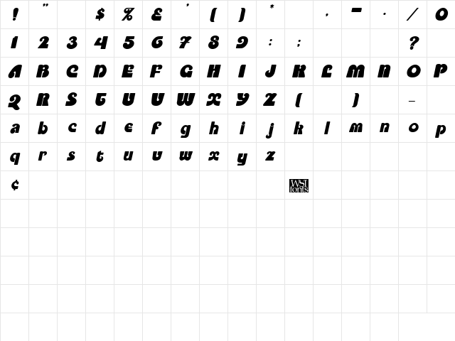 PookyDisplay Italic  glyph index