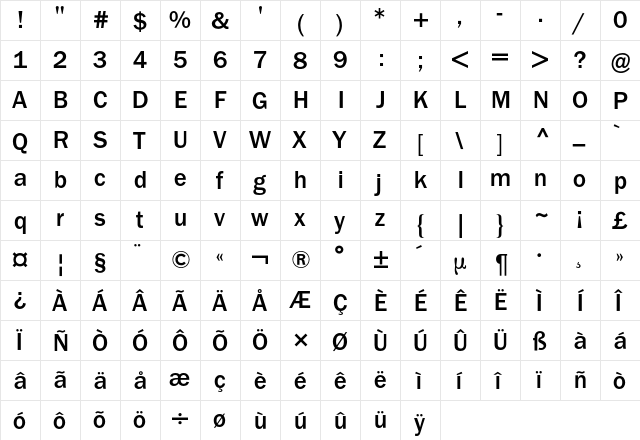 Franklin ITC BQ Regular  glyph index