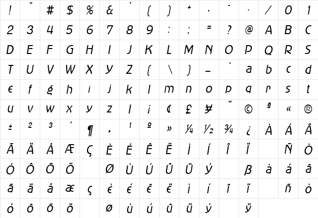 MadisonThin Oblique  glyph index