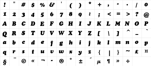 CooperBlackC BT Italic  glyph index