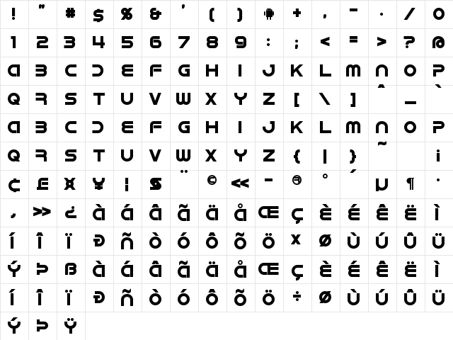 IDroid Bold  glyph index