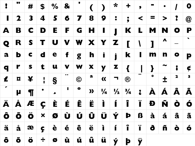 Gill Sans Extra Bold  glyph index