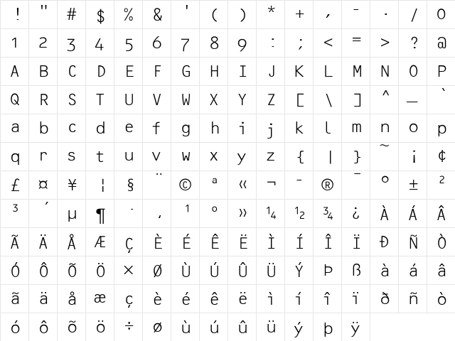 OCRF Medium  glyph index