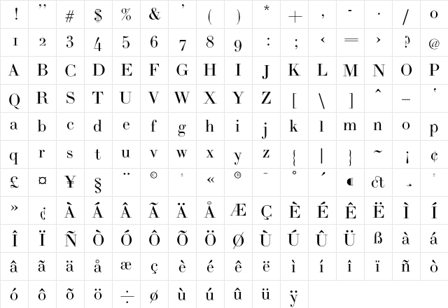 BodoniH Regular  glyph index