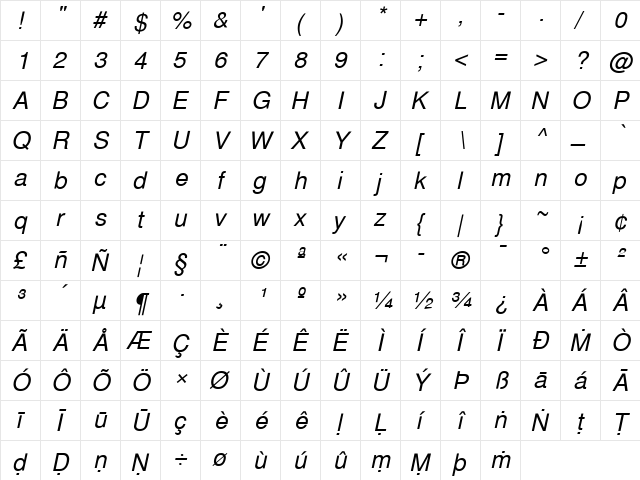 Pali Helvetica Regular  glyph index