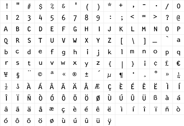 Artisan12 Regular  glyph index