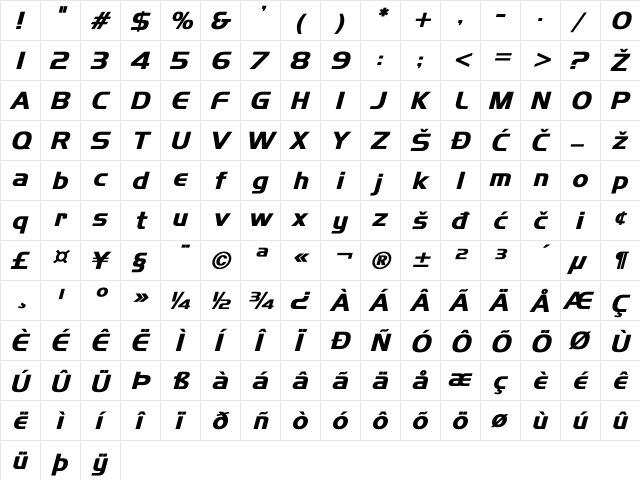 SLO_Handel_Gothic Bold Italic  glyph index