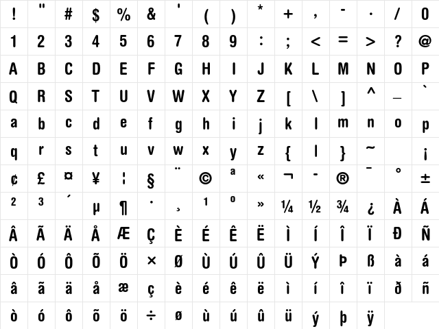 Helvetica Rounded LT Std Bold Condensed  glyph index