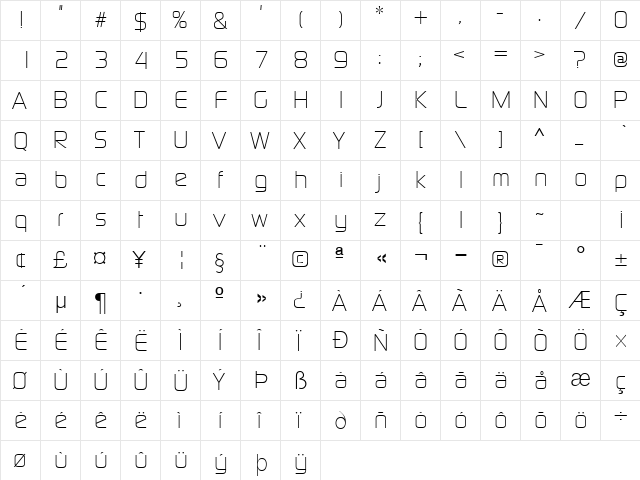Continuum Light Regular  glyph index
