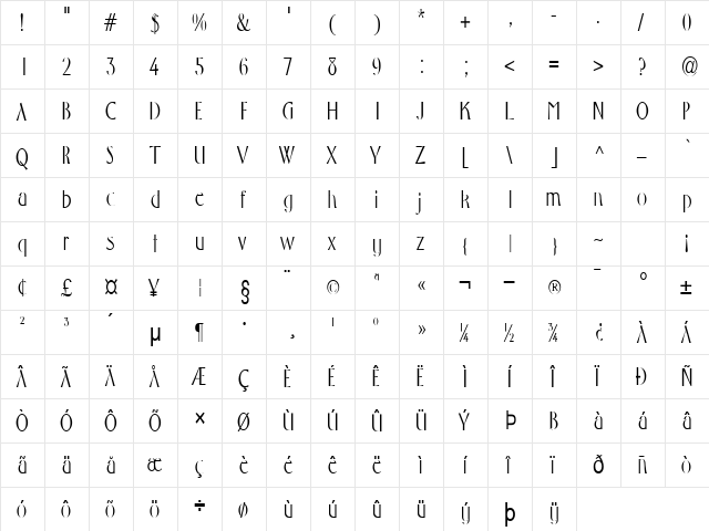 Wright-Condensed Normal  glyph index