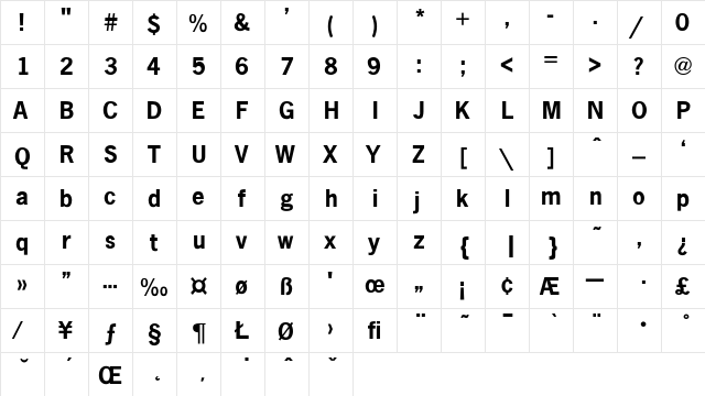 News-Gothic-Bold Regular  glyph index