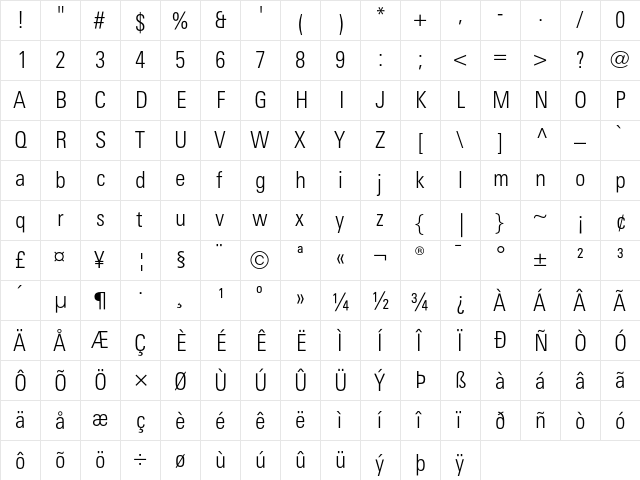 LinotypeUnivers CondLight  glyph index