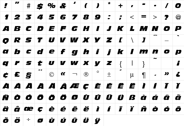 AndyBlackDB Italic  glyph index