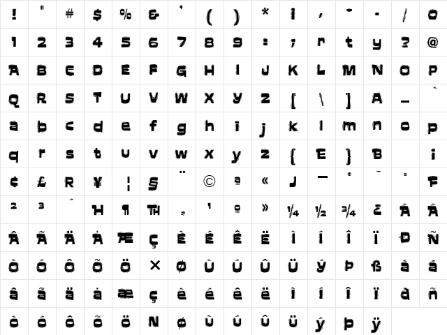 AftershockITC TT Regular  glyph index