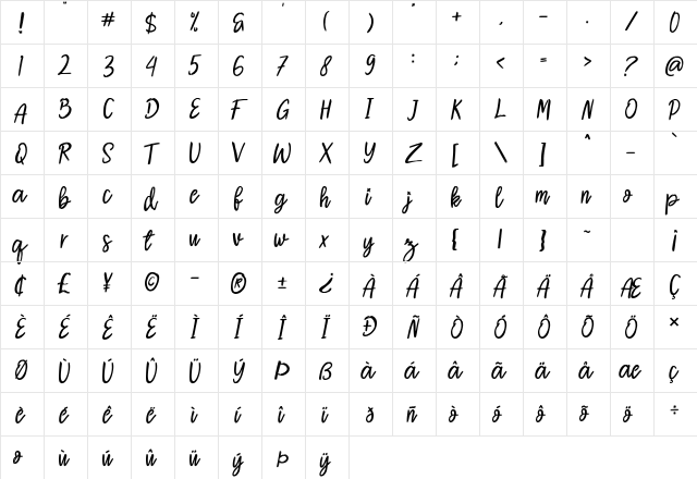 Reinstay Regular  glyph index