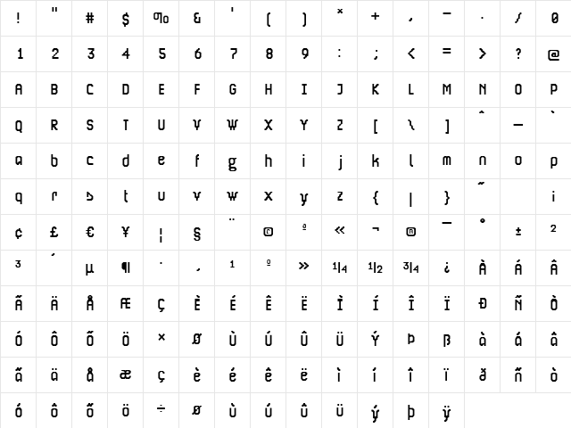 WOrk Regular  glyph index