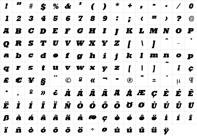 EugeneBecker-Heavy Italic  glyph index