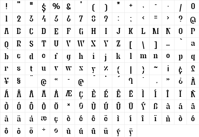 Granite Regular  glyph index