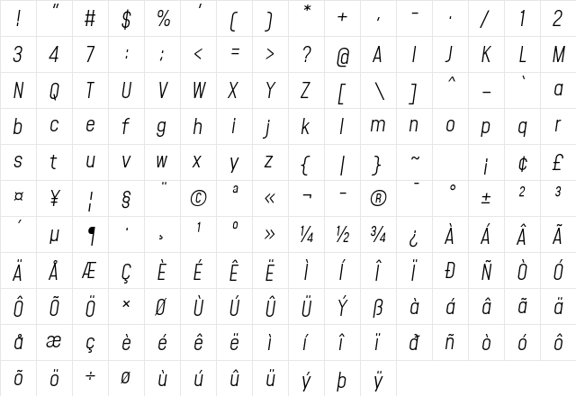 Mohave Light Italic  glyph index