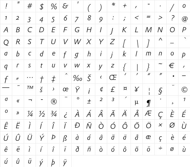 DTLProkyonSTLight Regular  glyph index