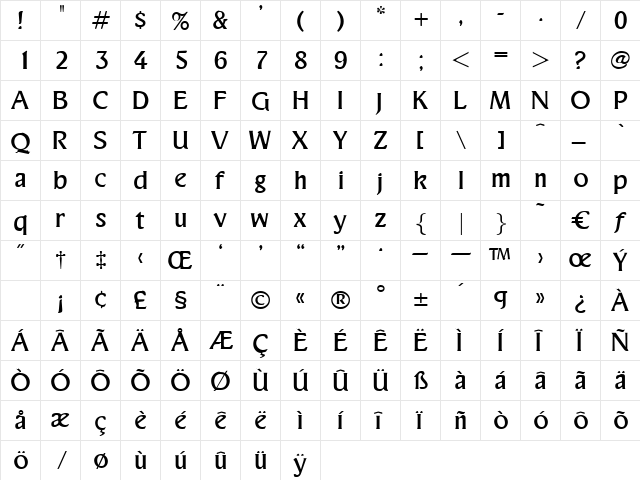 Gotthard Regular  glyph index
