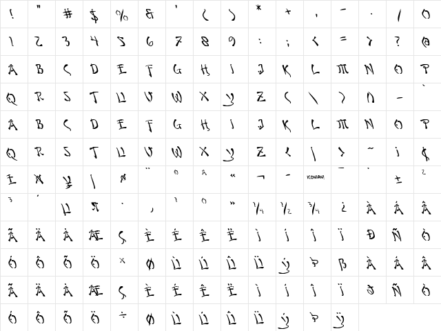 Bushido Leftalic Italic  glyph index