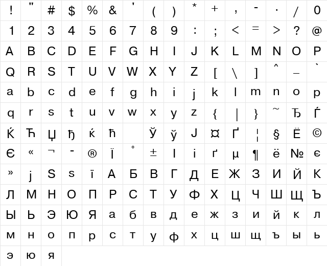 PragmaticaWINCTT Regular  glyph index