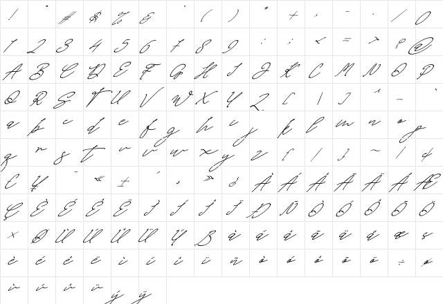 Wimter White Italic Regular  glyph index