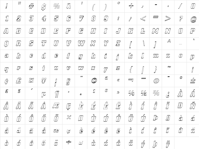 BorghsHollow Italic  glyph index