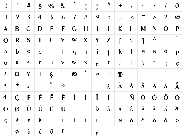 Peignot Regular  glyph index