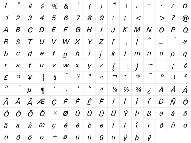 Univers ATT Italic  glyph index