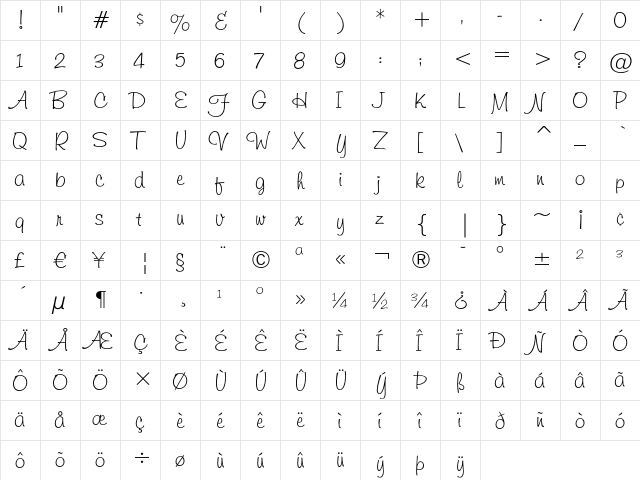 Freehand 591 Regular  glyph index