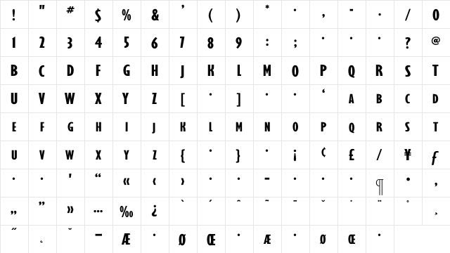 GilmoreSansExtBolExtCondTitl Regular  glyph index