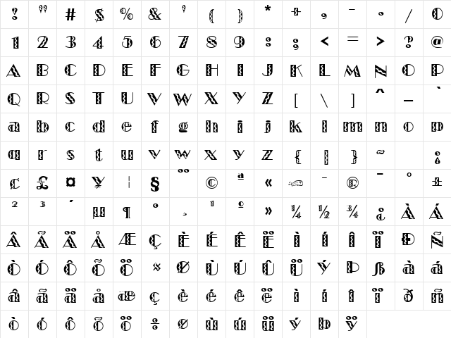 MarqueeFlash Regular  glyph index
