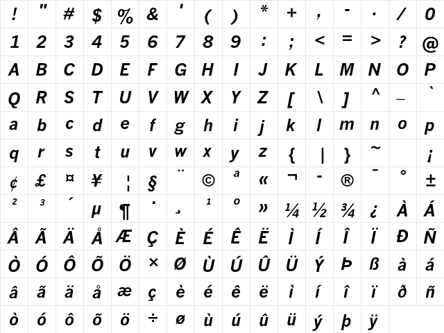 News Gothic MT Std Bold Italic  glyph index