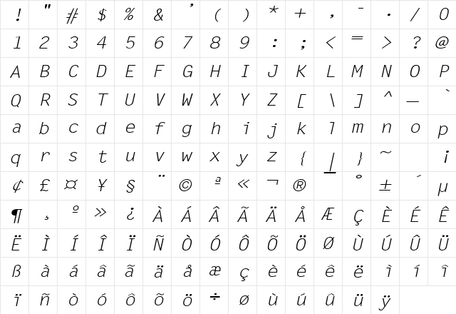 Lechter Wide Italic  glyph index